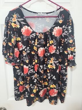 Notations Black Floral Scoop Neck Blouse with Coral and Yellow Blooms